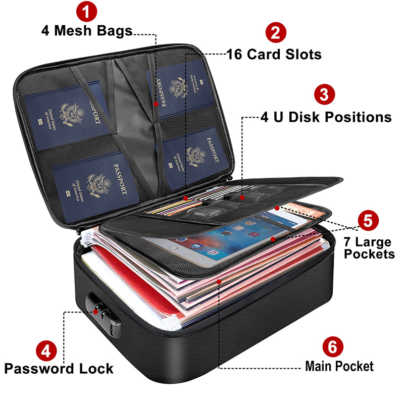 Multi-Layer Portable File Storage Fireproof Bag Waterproof Document Organizer with Lock for Important Passport & Certificate