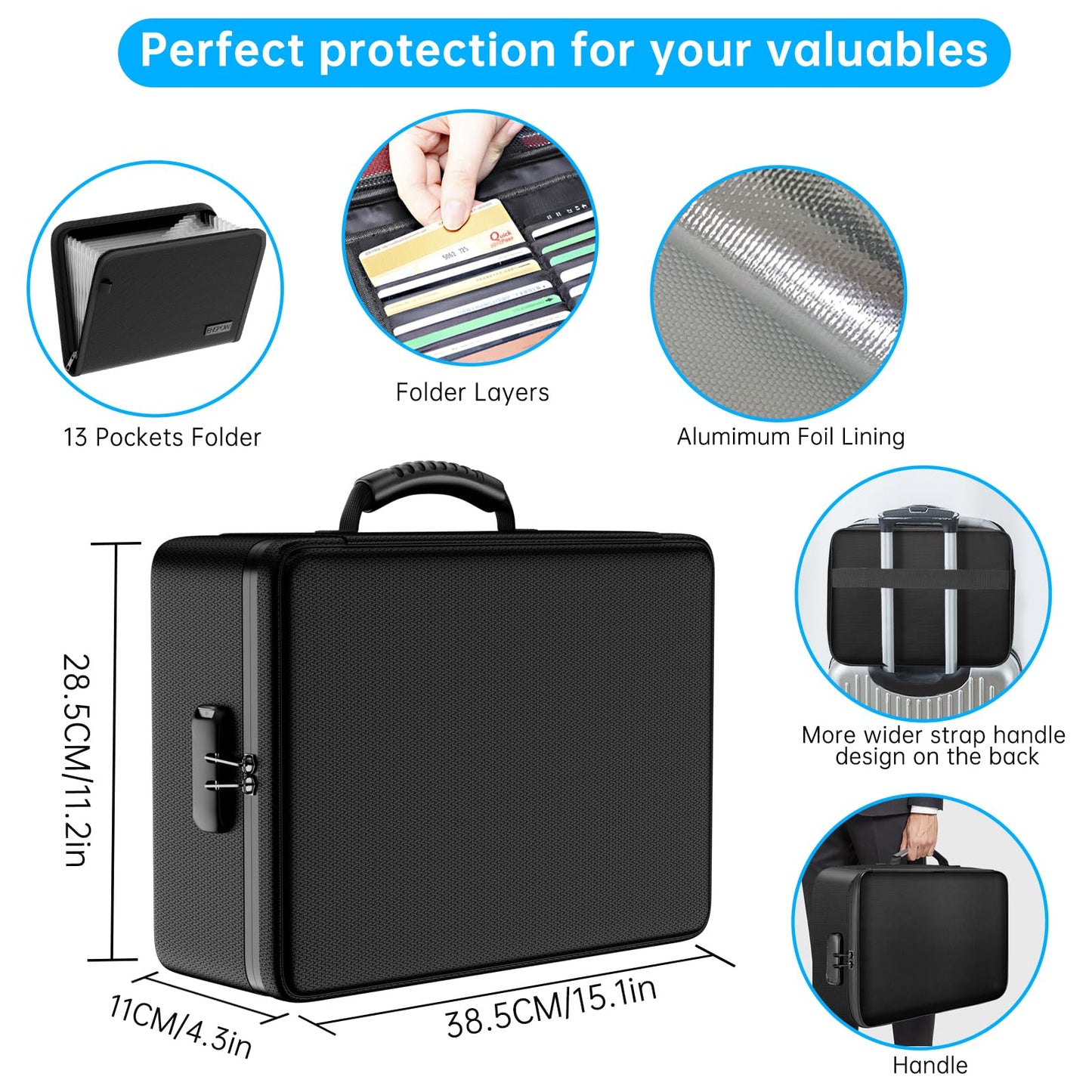 Large Capacity Hard Bag Waterproof and Fireproof Document Organizer Safe File Storage for Home Office Travel with Folder