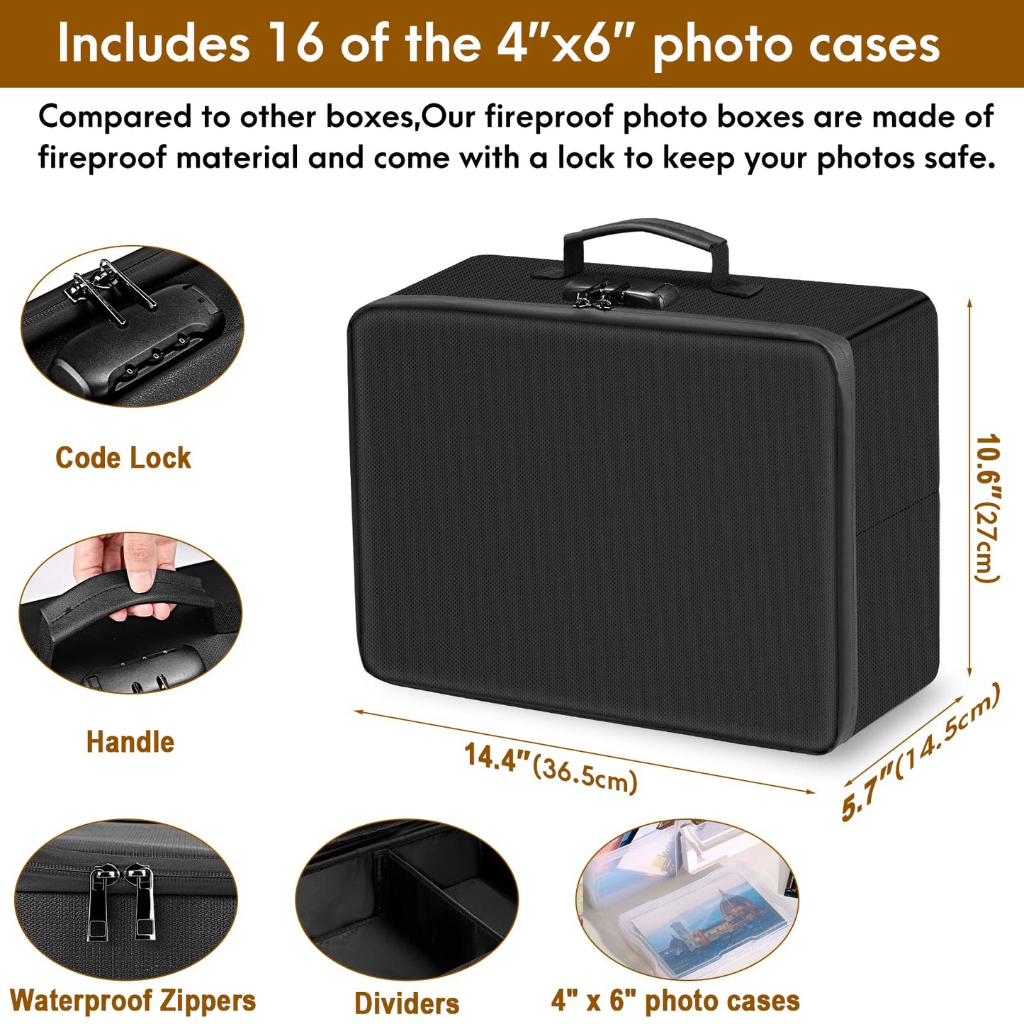 Modern Fireproof Photo Storage Box with Lock 16 Interior 4\" x 6\" Photo Boxes Multifunction Rectangle Design