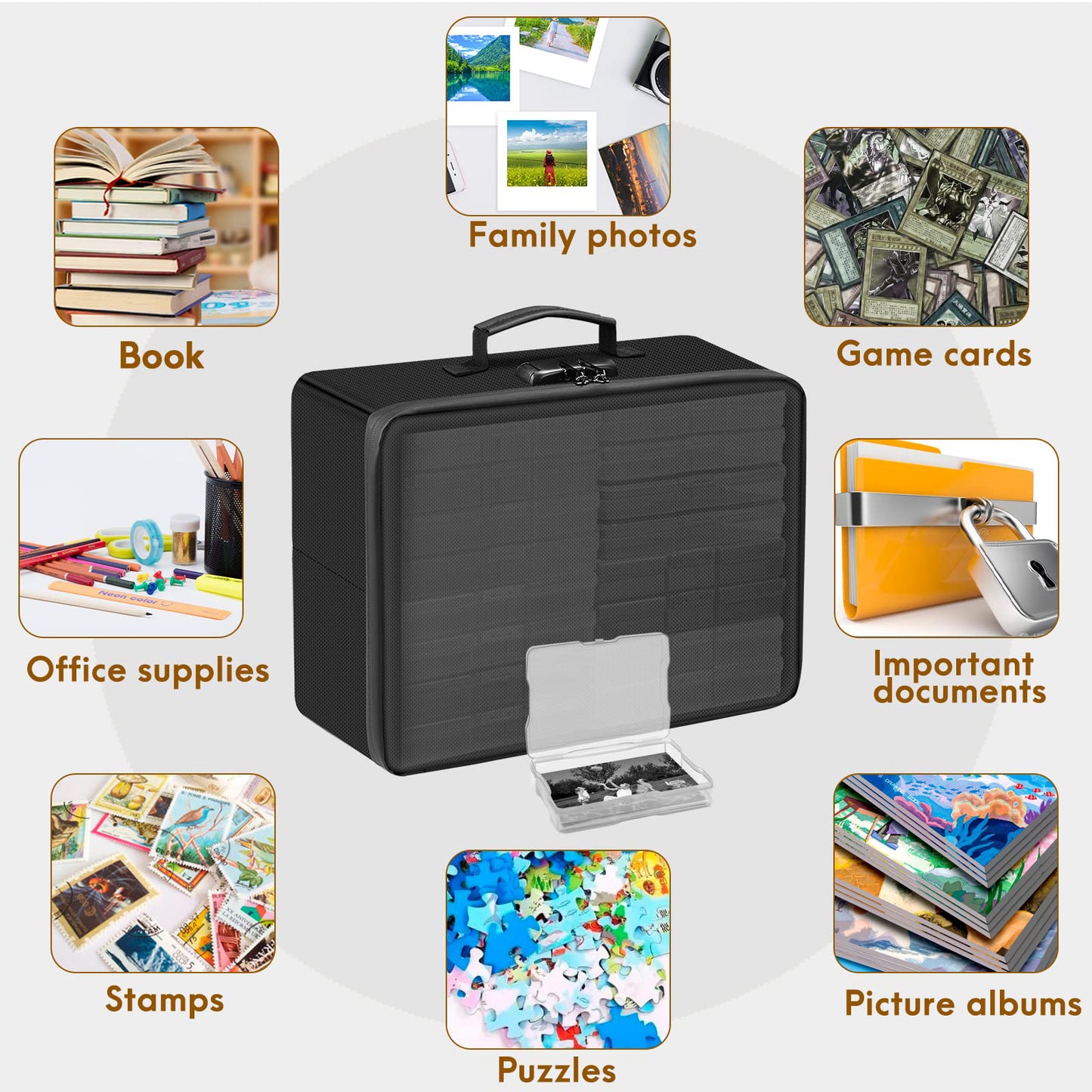 Modern Fireproof Photo Storage Box with Lock 16 Interior 4\" x 6\" Photo Boxes Multifunction Rectangle Design