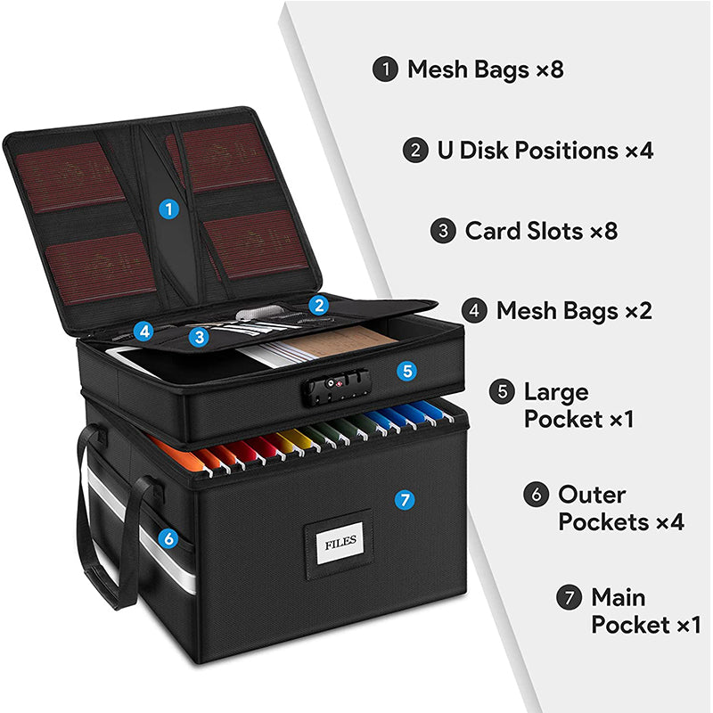 Portable Office Collapsible Bag-Case 2-Layer Reflective Strip File Organizer Fireproof Document Storage Box with Lock