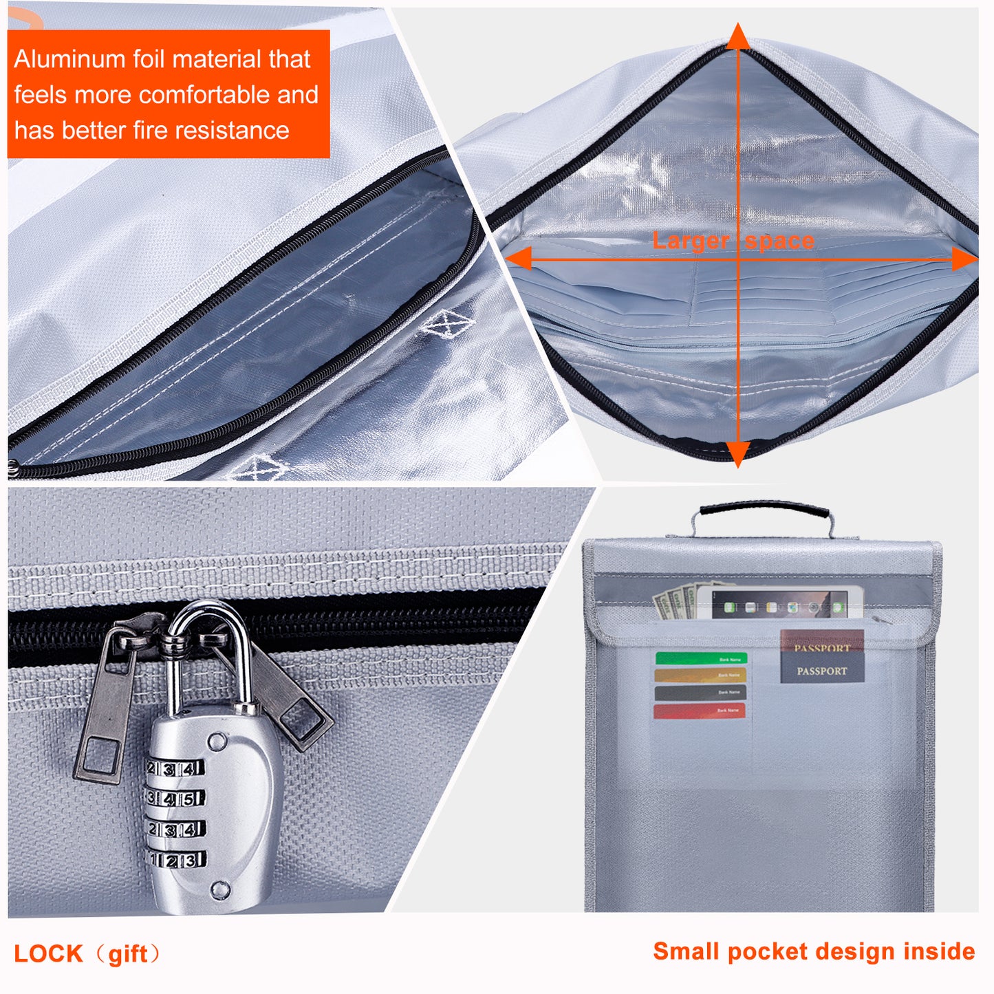 Waterproof Fireproof Office File Bag Lock Zipper Large Capacity A4 B5 Document Tablet Coin Money Bag