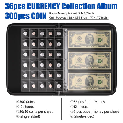 Fireproof Coin Collection Book Holder for collectors 300 Pocket Coin Collection Supplies and 36 Money Storage Boxes