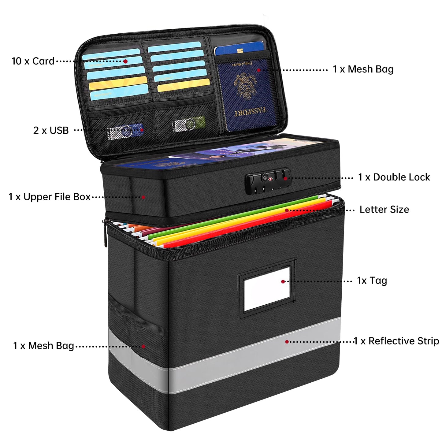 Portable fireproof file box with file guide and lock for letter-sized folders foldable to protect important documents