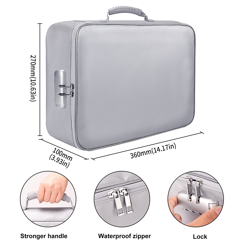 Waterproof Fireproof Portable Document Organizer Bag Multi-Layer Storage for Important Passport Certificate File with Lock