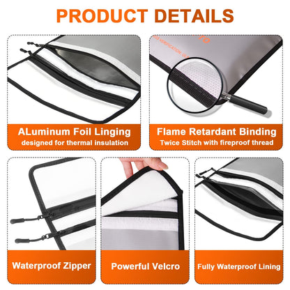 Upgraded 4200°F Fireproof Document Bag Insulated Zippered Waterproof Bag  Multi-layer Functional Materials and Reflective Strips