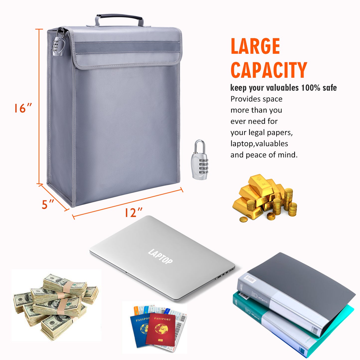 Waterproof Fireproof Office File Bag Lock Zipper Large Capacity A4 B5 Document Tablet Coin Money Bag