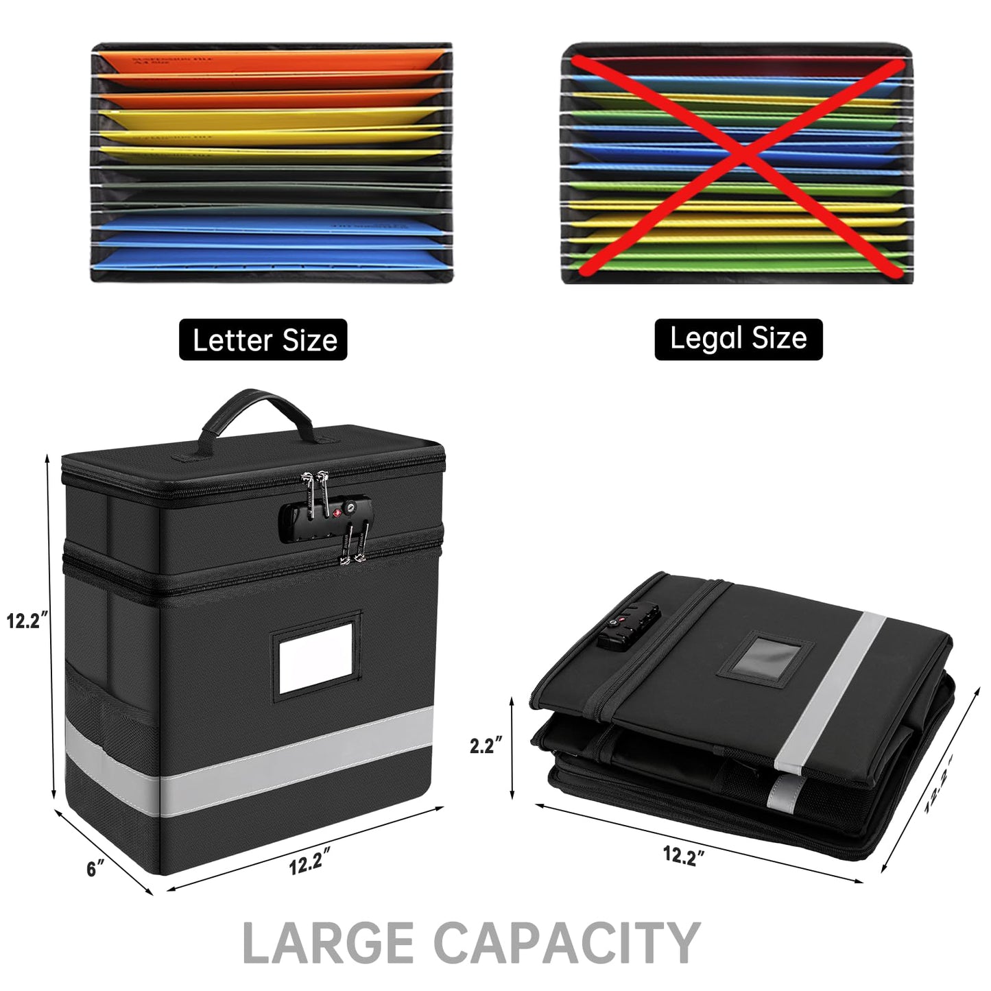 Portable fireproof file box with file guide and lock for letter-sized folders foldable to protect important documents