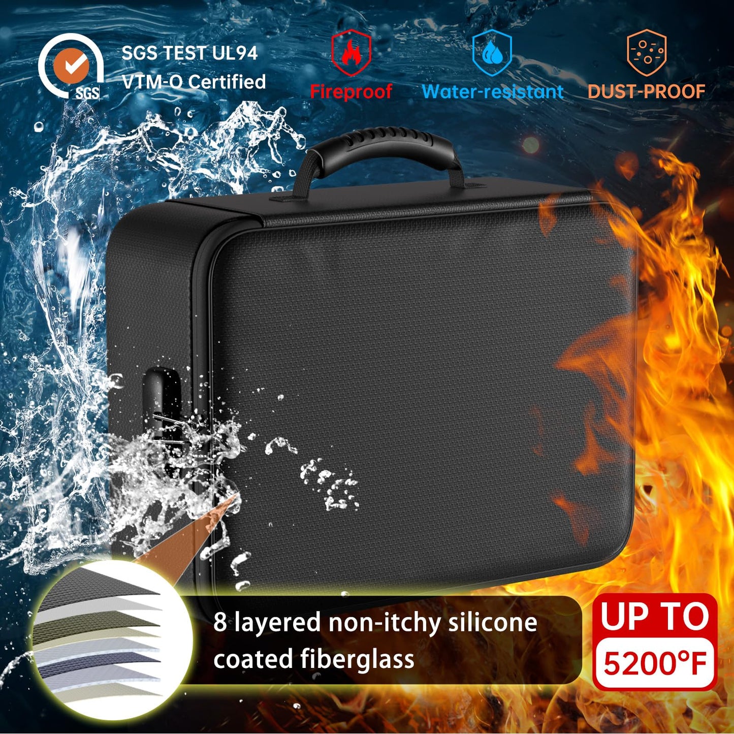 5200 Fahrenheit Upgraded Lockable Fireproof Document Bag Insulated Fireproof Waterproof Box Document Organizer